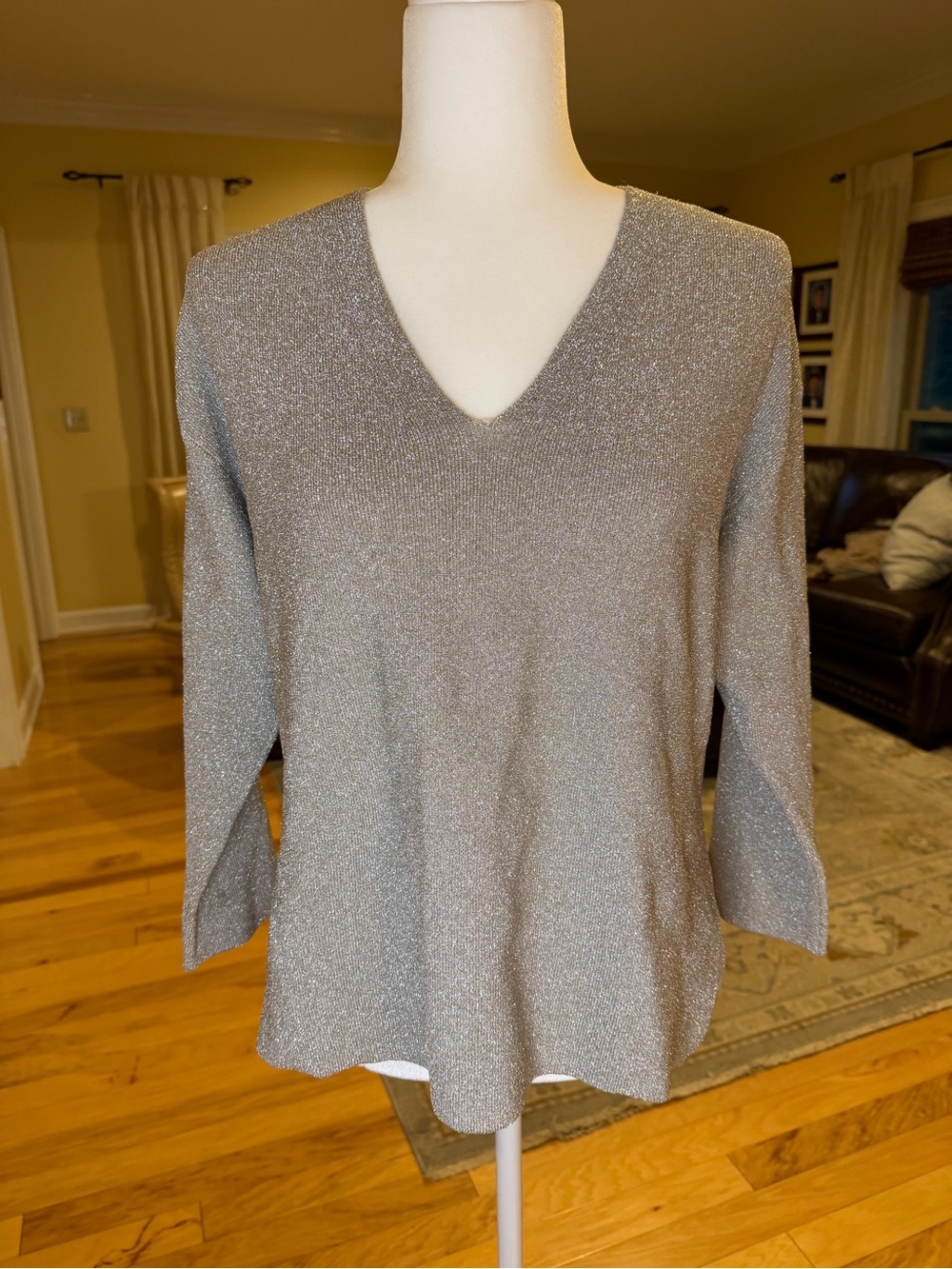 REISS London Metallic Gold Silver V-Neck Slouchy Knit Sweater M